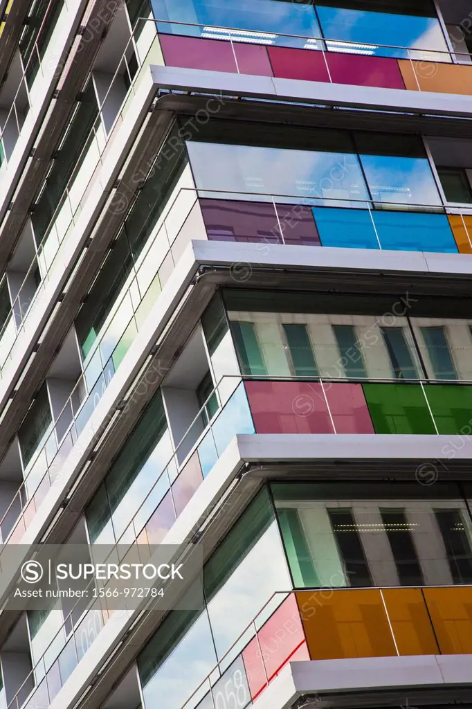 Spain, Madrid, Northern Area, Paseo de la Castellana, colorful office building