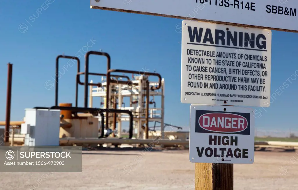 Brawley, California - A sign warns of cancer-causing chemicals at a well for a geothermal energy plant in California´s Imperial Valley