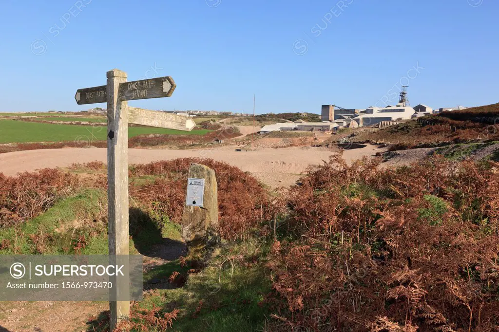 Pendeen, Cornwall, England, UK, Britain, Europe  Coastal path signpost at junction with footpath to Geevor Tin Mine