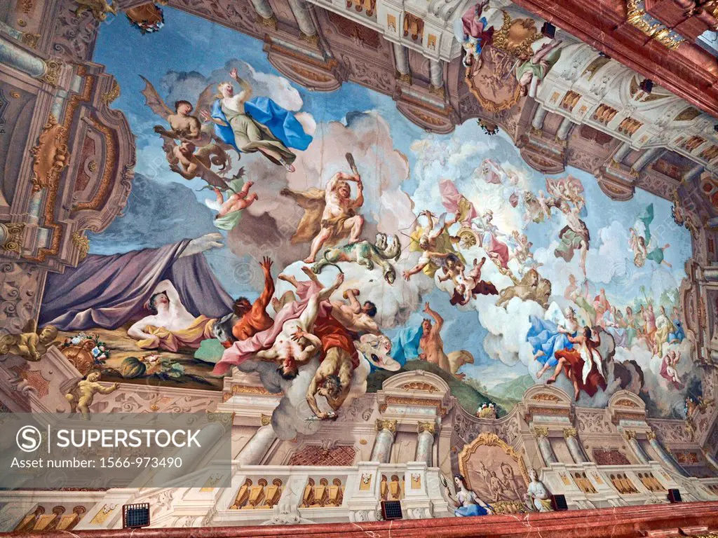 Painted ceiling of the Marbel Hall inside the Benedictine Abbey at Melk, Austria  The ceiling painting shows Pallas Athena on a chariot drawn by lions...