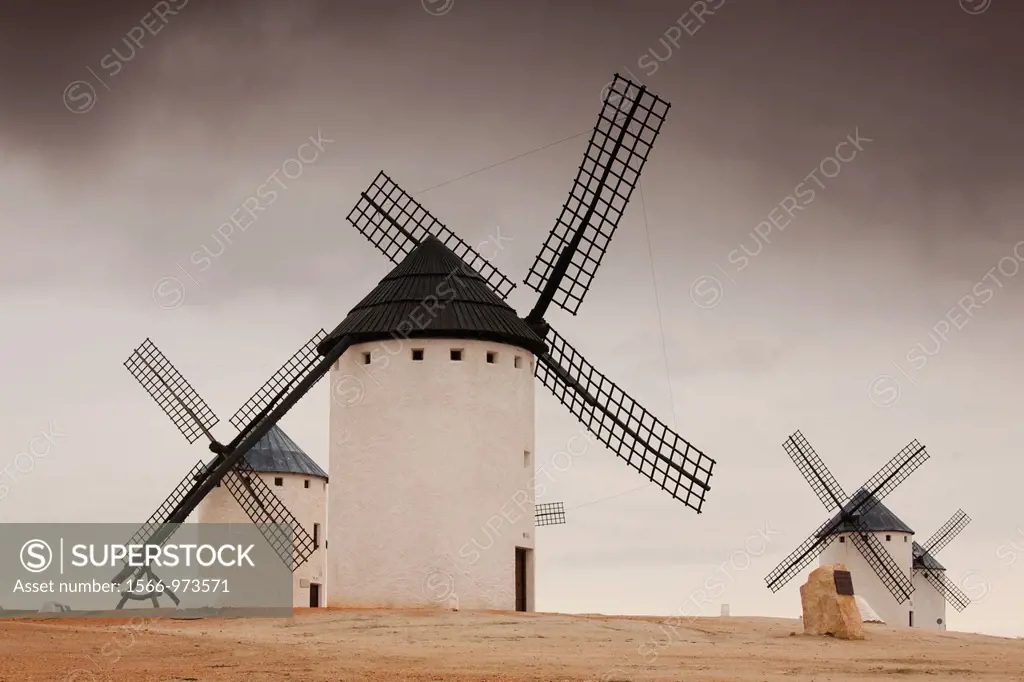 Spain, Castile-La Mancha Region, Ciudad Real Province, La Mancha Area, Campo de Criptana, antique La Mancha windmills