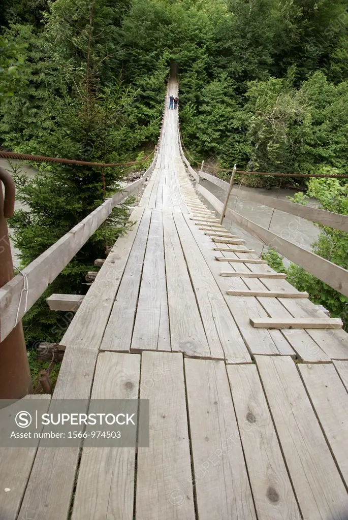 Georgia, Svaneti region, The Inguri Enguri river a wooden bridge