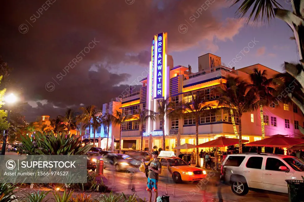 illuminated Art Deco Hotels on famous Ocean Drive in South Beach, Miami Beach, Florida, USA