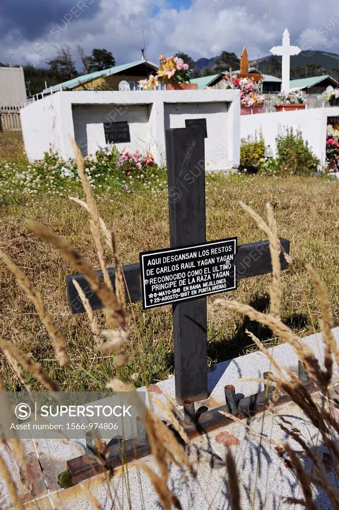 tomb of Carlos Raul Yagan Yagan1941-1997, recognized as the last Prince of Yagans, cemetery of Puerto Williams, Navarino Island, Tierra del Fuego, Ant...