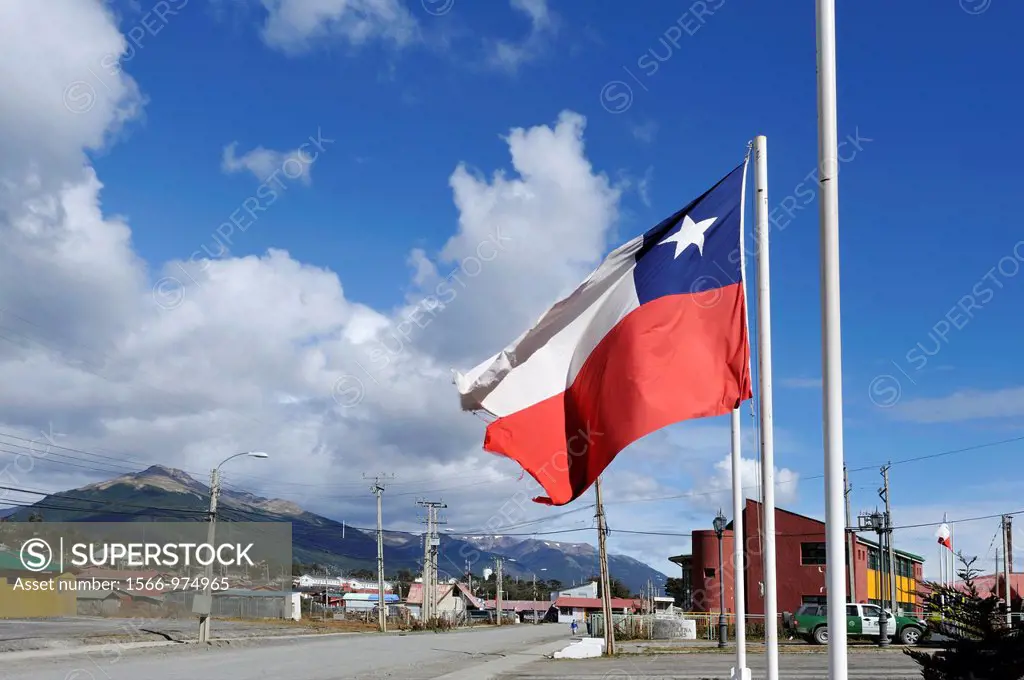 Chilean flag in a street of Puerto Williams, Navarino Island, Tierra del Fuego, Antarctic, Chile, South America