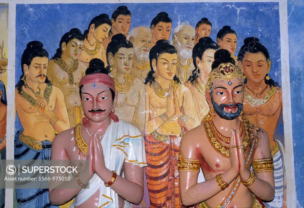 Religious statues and fresco, Isurumuniya Vihara Temple, Anuradhapura, Sri Lanka