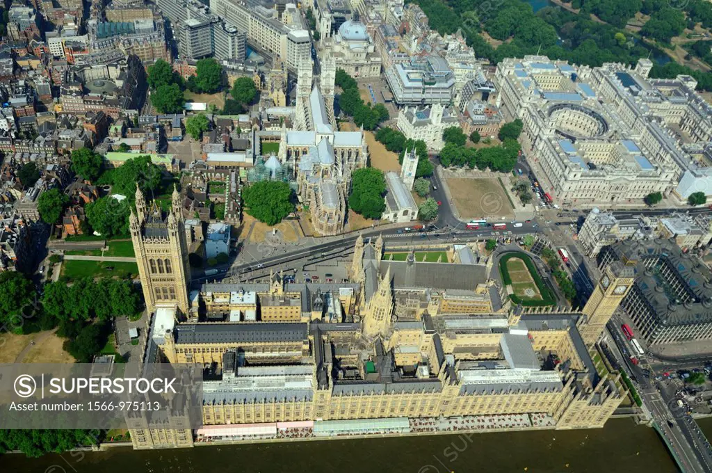 Aerial view of British parliament with House of Lords, Palace of Westminster , Westminster abbey, and Big Ben tower, London city