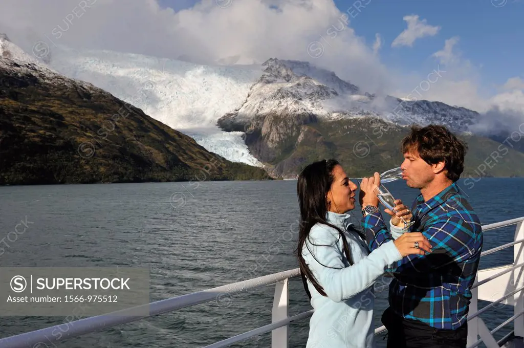 on the upper deck of the cruise ship Stella Australis of the Cruceros Australis compagny, Avenue of Glaciers, Beagle Channel, Tierra del Fuego, Chile,...