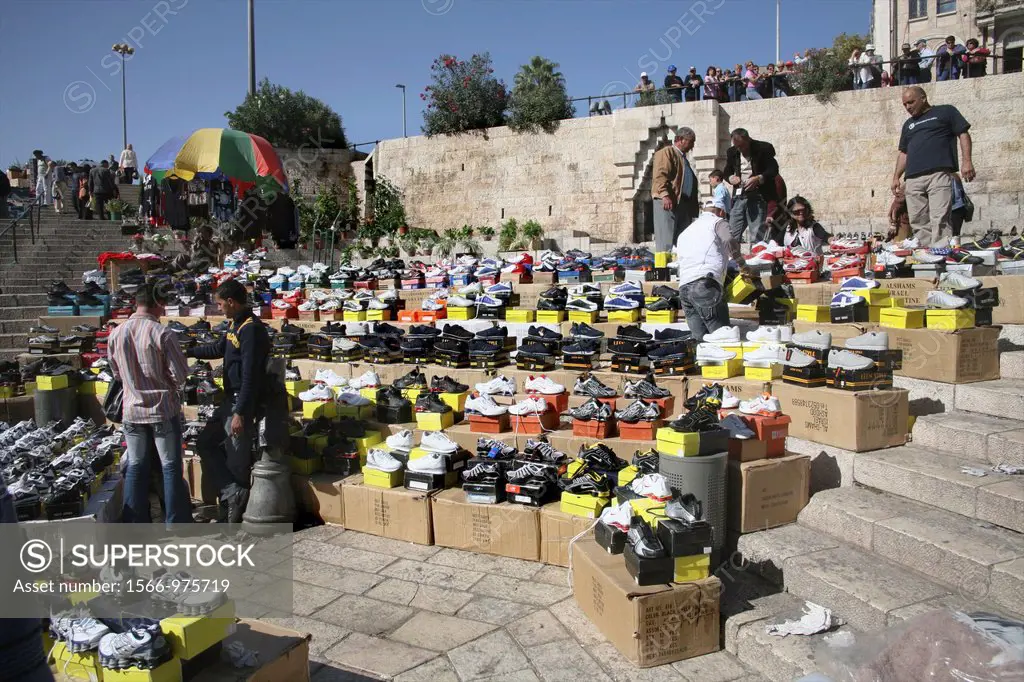 An open air market offering shoes near the Damascus gate in the old city of Jerusalem