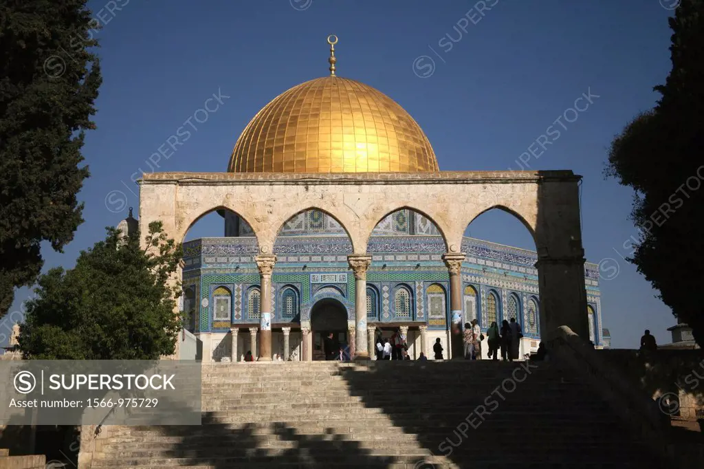 The Dome of the Rock on Temple Mount in the Old City of Jerusalem as seen from steps leading to the Temple Mount