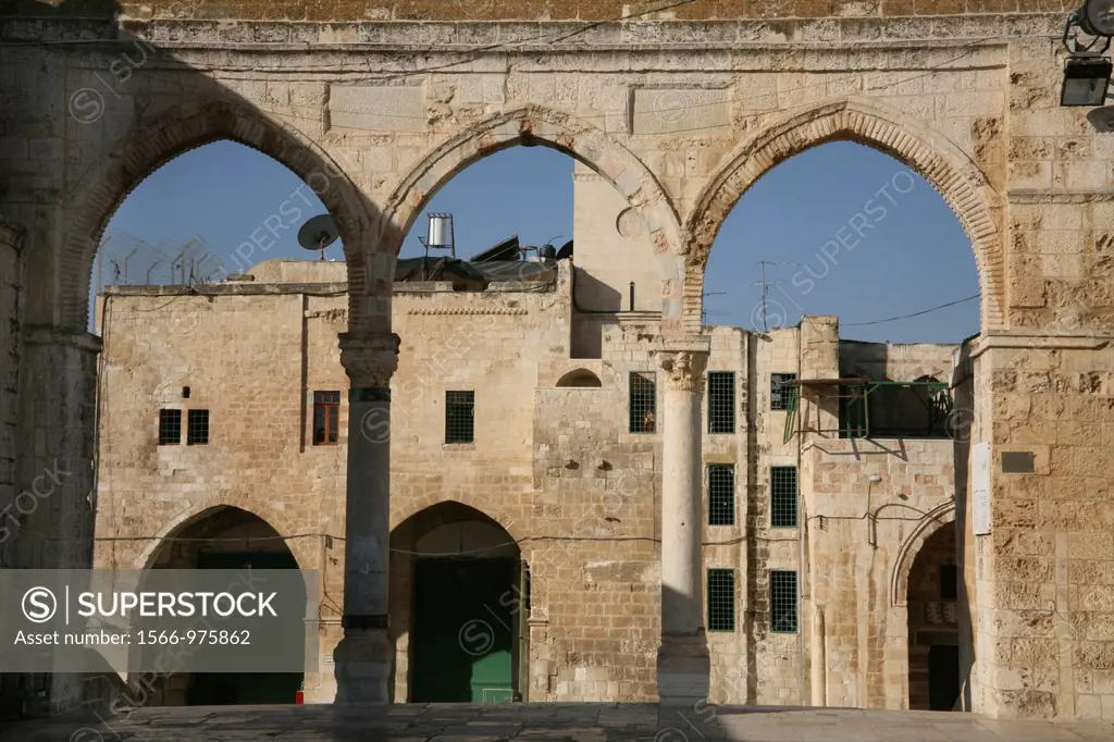 Ancient columns frame buildings near the Dome of the Rock on Temple Mount in the Old City of Jerusalem