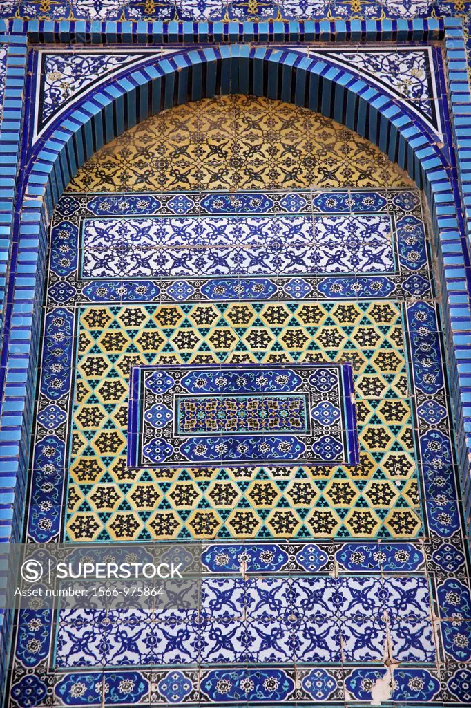 Closeup of the mosaic exterior of the Dome of the Rock on Temple Mount in the Old City of Jerusalem