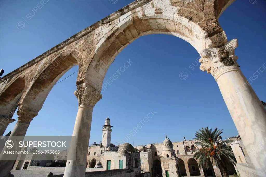 A closeup of ancient columns near the Dome of the Rock on Temple Mount in the Old City of Jerusalem
