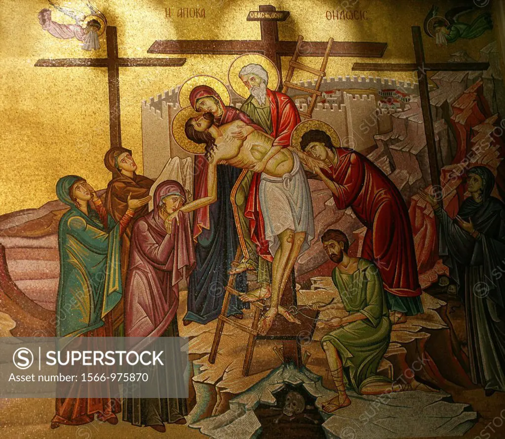 Mosaic depicting the crucifixion of Jesus, One of the views inside the Church of the Holy Sepulchre on the Via Dolorosa Way of Suffering in the old ci...