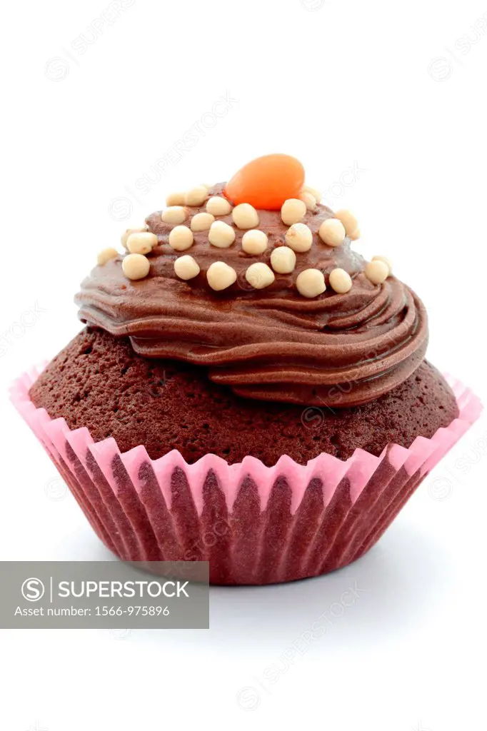 A homemade chocolate sponge cupcake, or fairy cake, with chocolate flavour buttercream. Isolated on a white background.