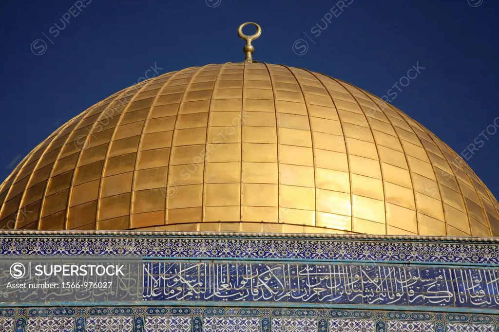 A closeup of the golden dome atop the Dome of the Rock on Temple Mount in the Old City of Jerusalem