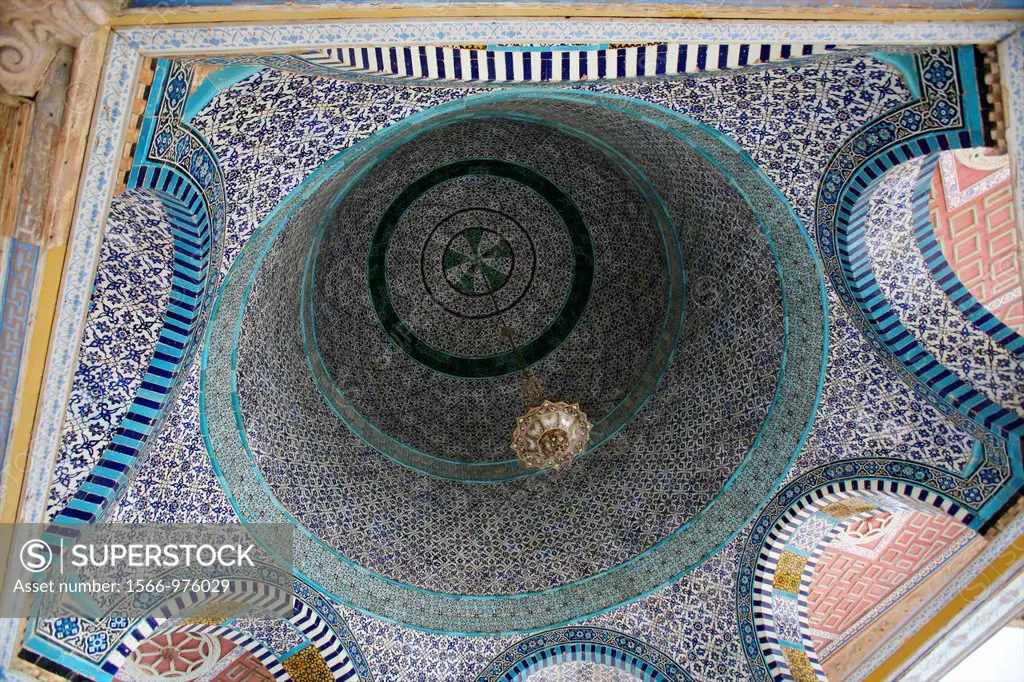 The mosaic interior cupola of the Dome of the Rock on Temple Mount in the Old City of Jerusalem