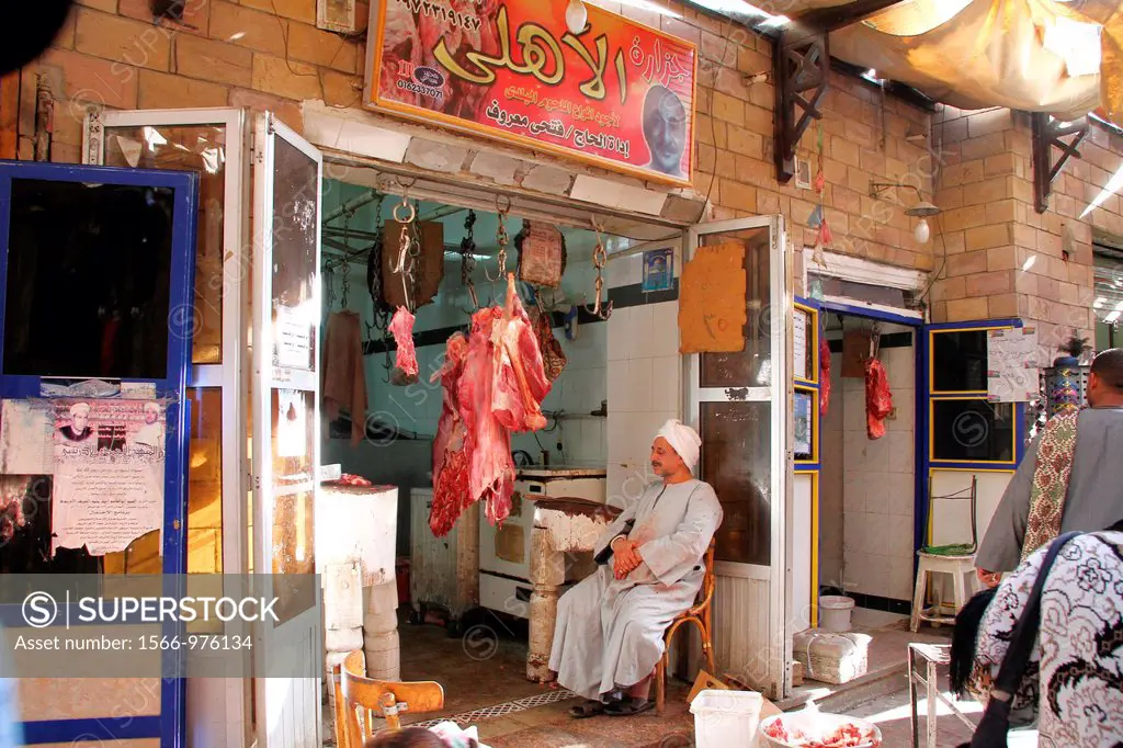 Meat hanging at butcher shop , egyptian