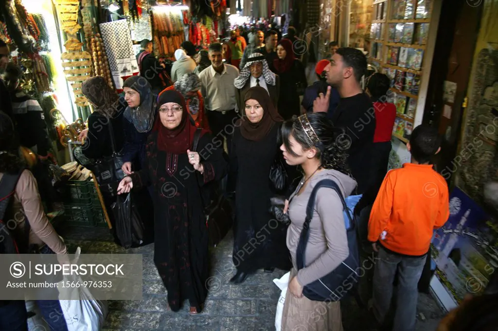 A market crowded with shoppers in the old city section of Jerusalem
