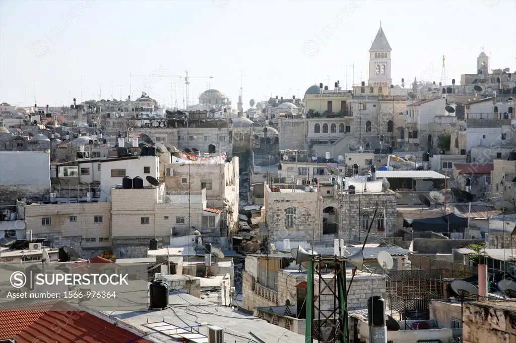 Urban skyline full of chimneys and communications equipment in the old city section of Jerusalem