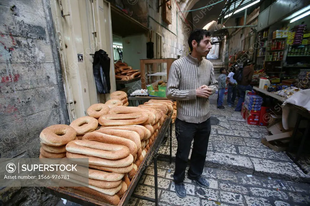 Fresh bread for sale at a market in the old city section of Jerusalem