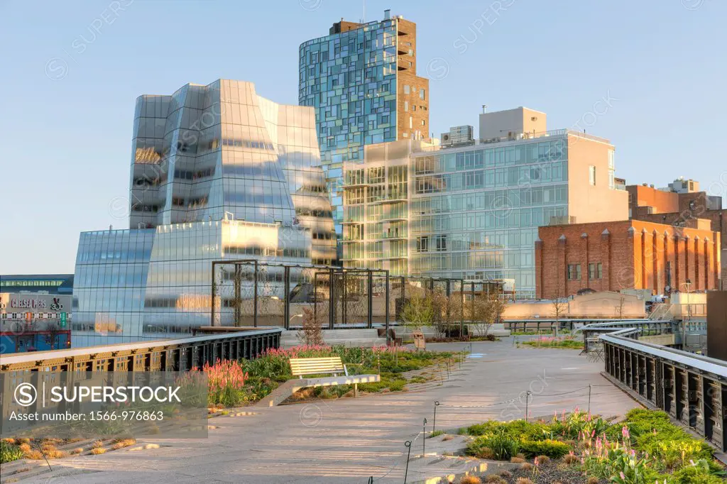 A view of the landscaping in High Line Park and the surrounding area, including the Frank Gehry designed IAC Building in the background. The High Line...