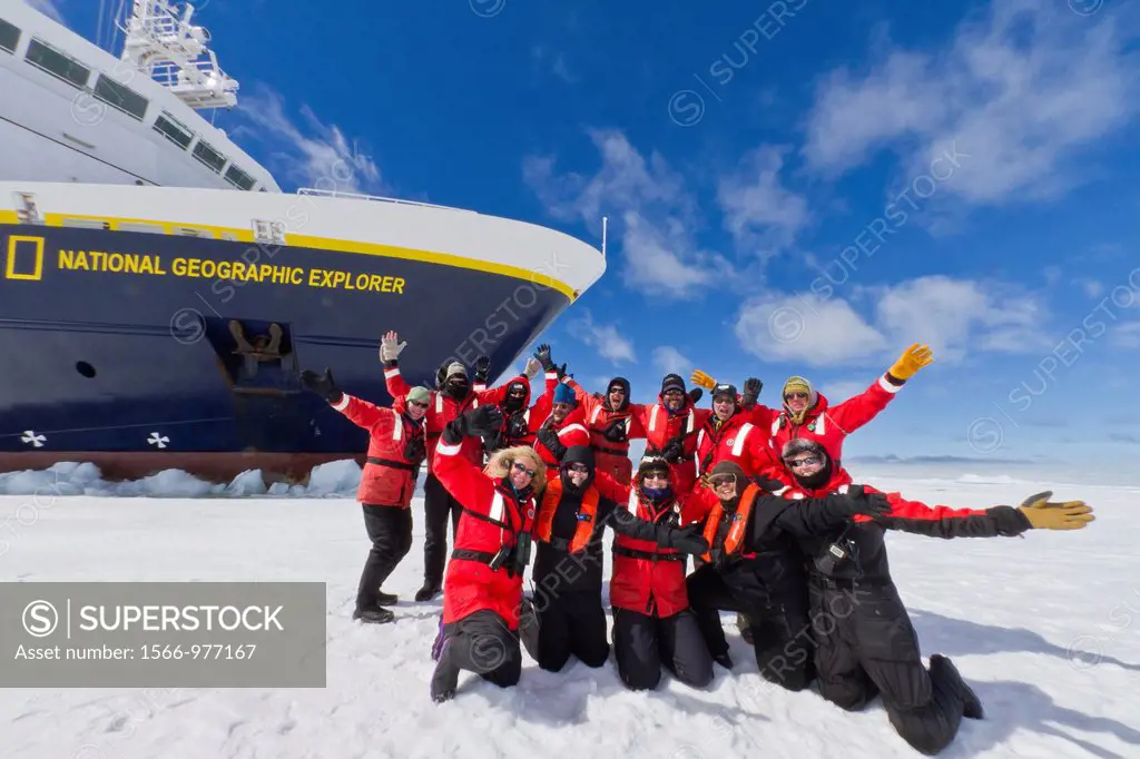 Staff from the Lindblad Expedition ship National Geographic Explorer shown here is the entire staff working in Antarctica