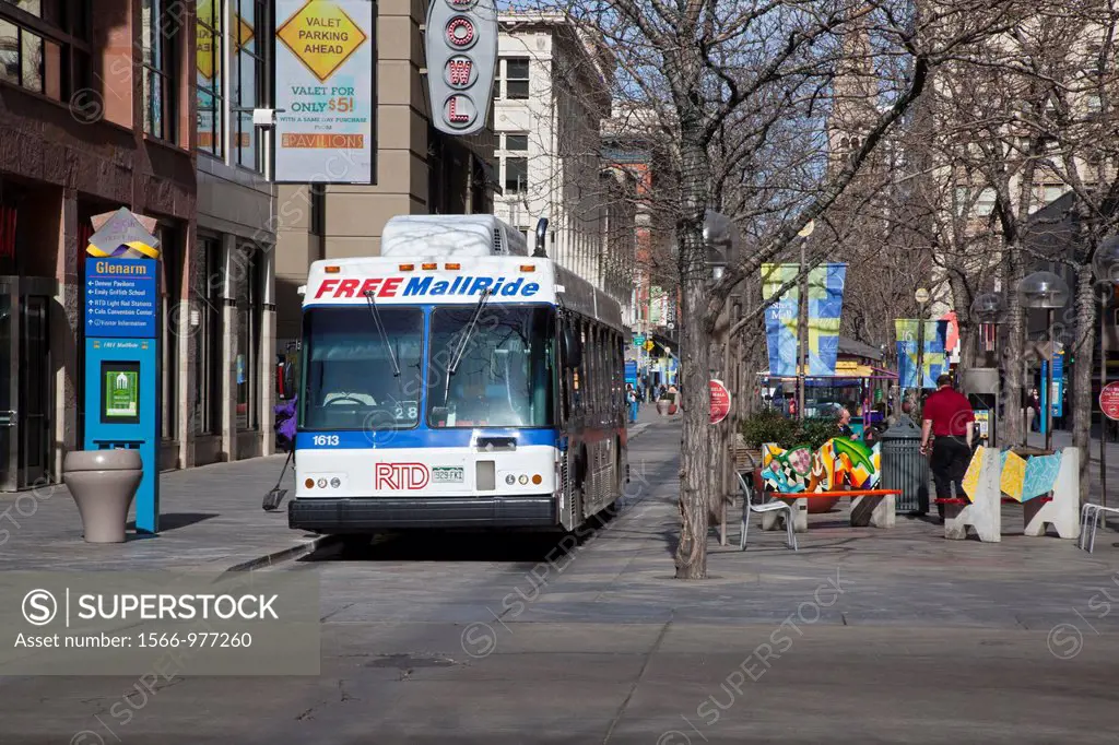 Denver, Colorado - The 16th Street pedestrian mall  A free shuttle bus runs frequently along the length of the mall