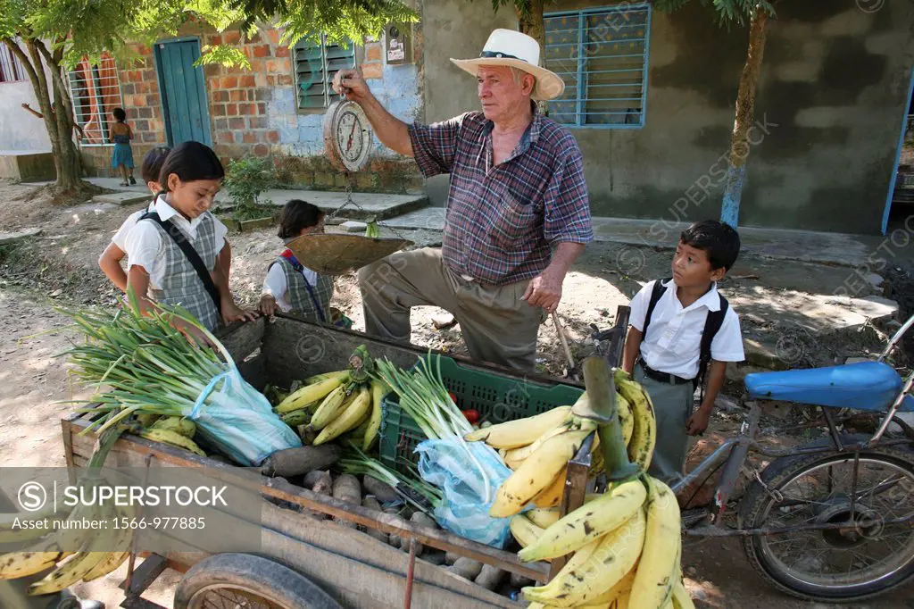Schoolchildren with a seller of bananas, a wellknown export product of Colombia