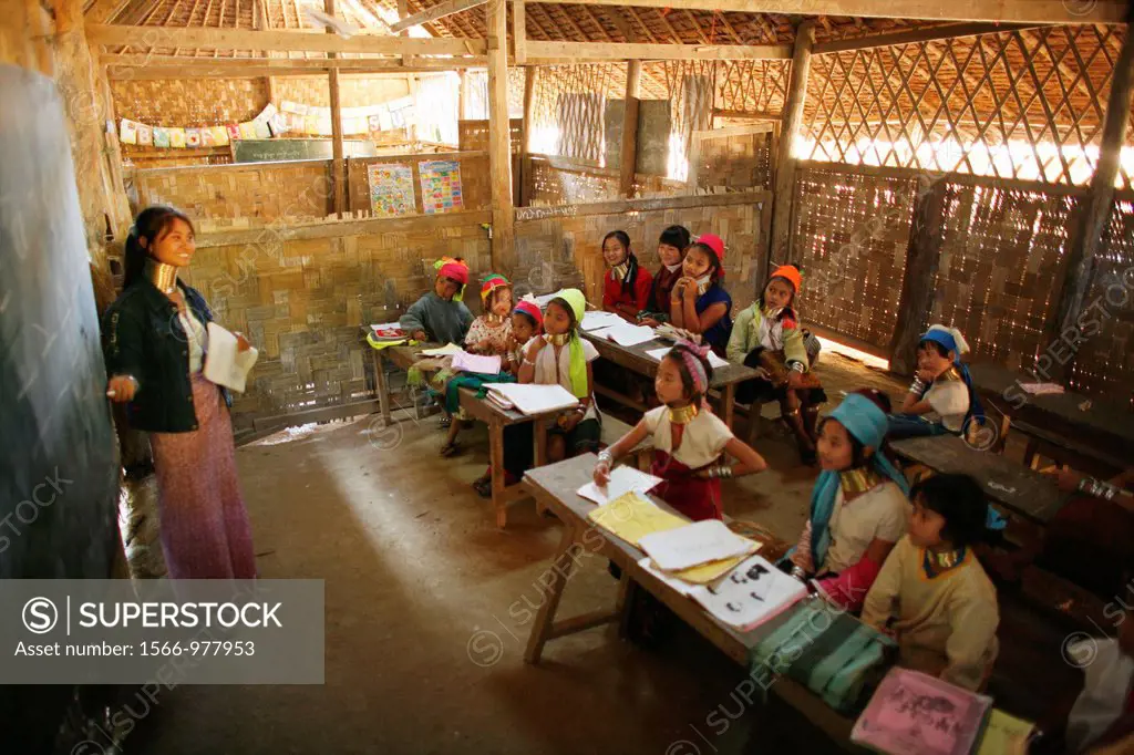 A Longneck teacher addresses her class Approximately 300 Burmese refugees in Thailand are members of the indigenous group known as the Longnecks The l...