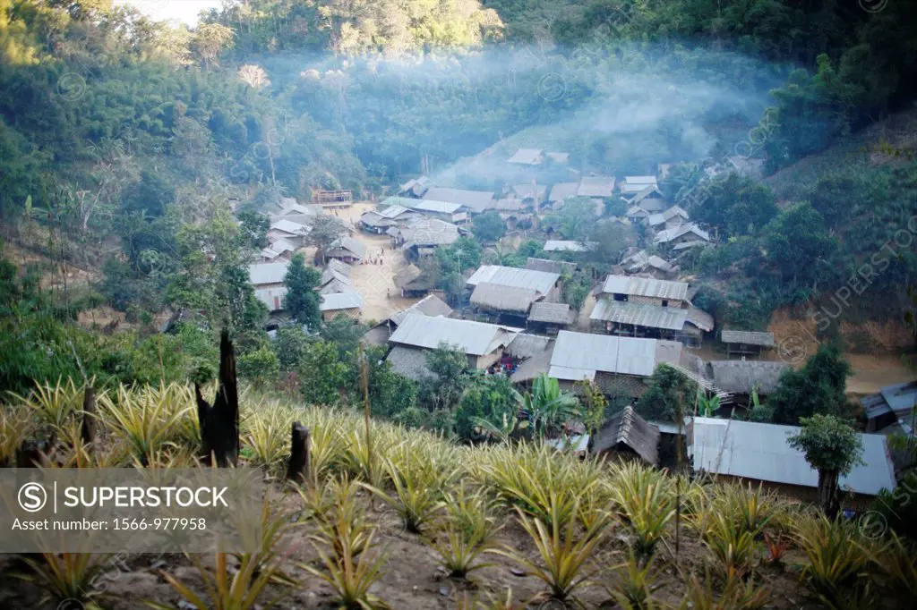 View down on the Longneck village camp and its huts. Approximately 300 Burmese refugees in Thailand are members of the indigenous group known as the L...