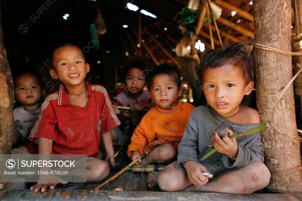 A group of Burmese boys in La Per Her In Myanmar Burma, thousands of people have settled near the border as a result of oppression in their homeland A...