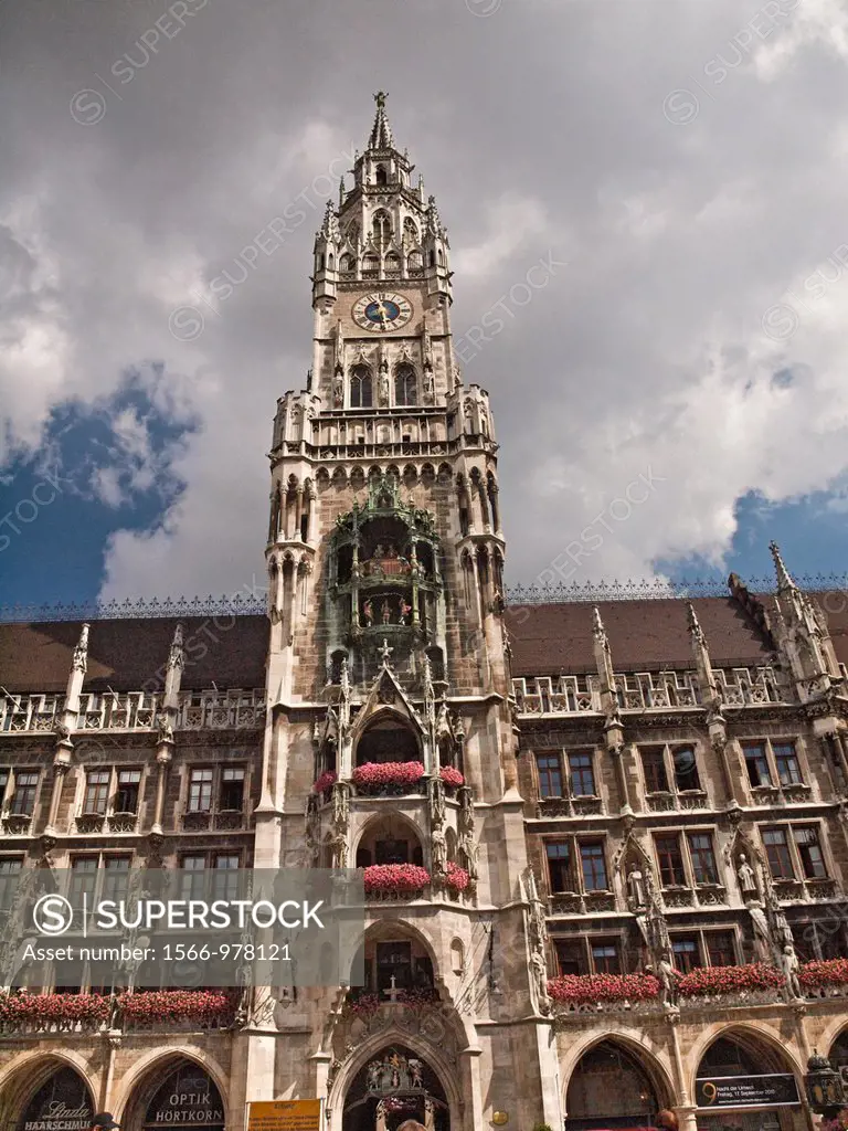 The clock tower of the new City Hall in Munich, Germany Sometimes known as Maria´s column since the gothic building is located on Marianplatz or Mary´...