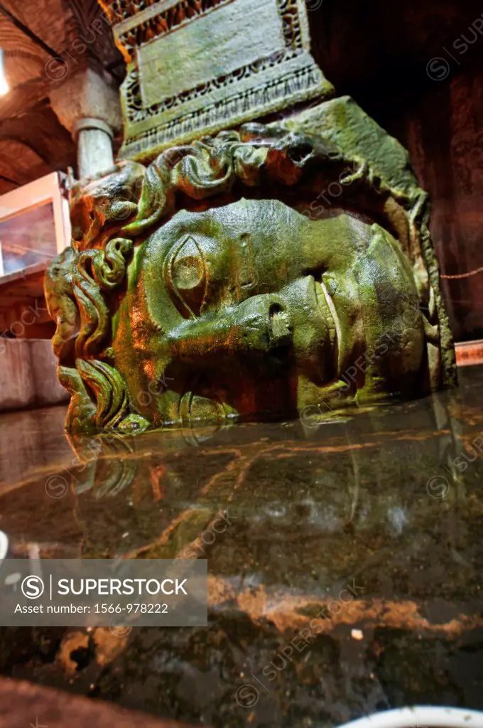 Classical Column Bases in the Form of Medusa Heads, Yerebatan Sarayi, underground cistern  Istanbul  Turkey.