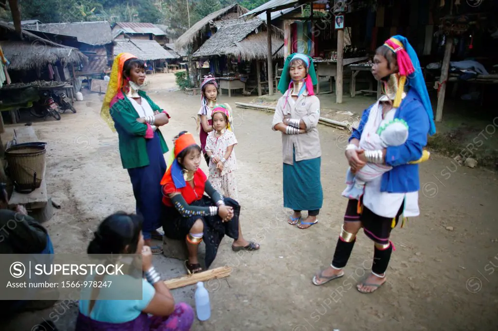 A group of Longneck woman meet in their village Approximately 300 Burmese refugees in Thailand are members of the indigenous group known as the Longne...
