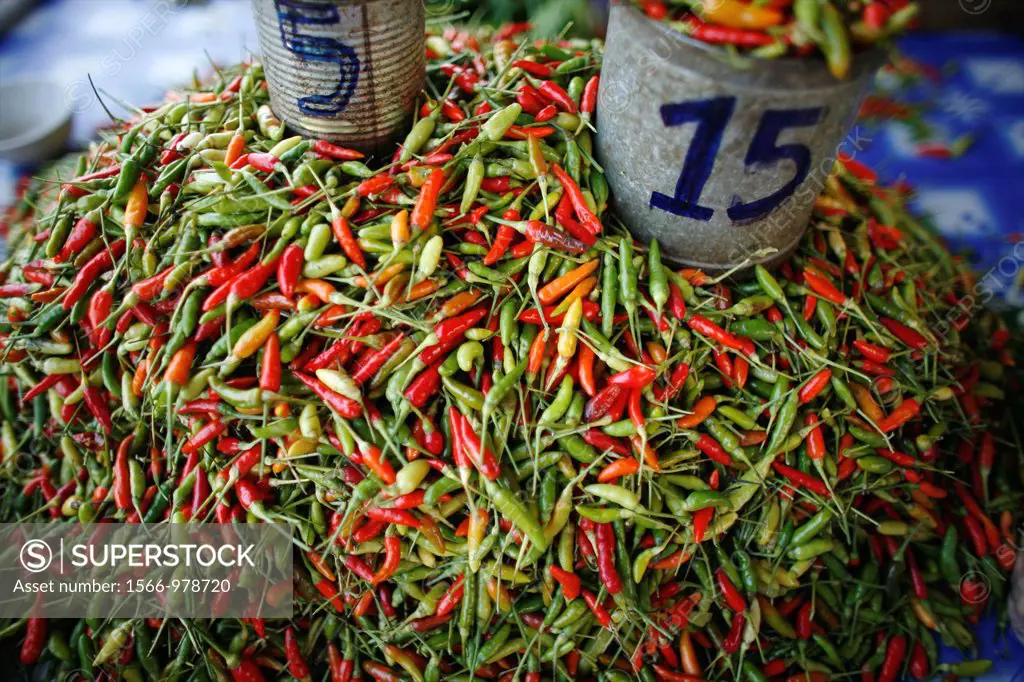 Closeup of chile peppers for sale at a market near the Longneck village Approximately 300 Burmese refugees in Thailand are members of the indigenous g...