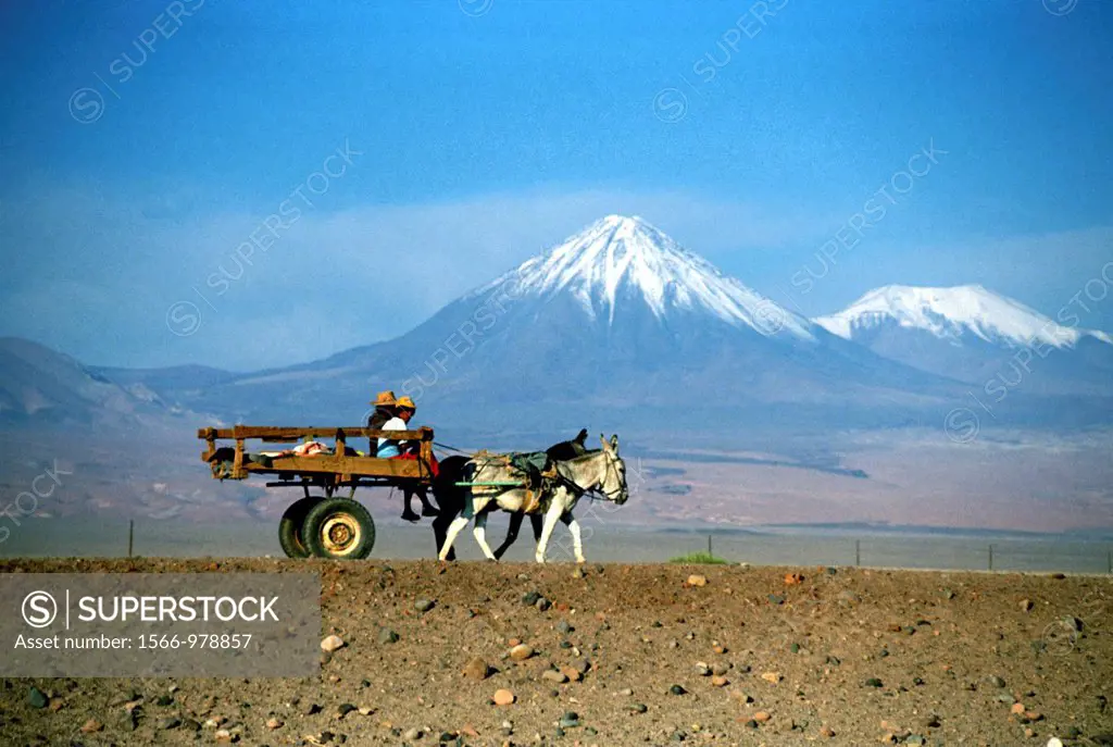 Chile, San Pedro de Atacama, An Indian cart before some Andes Volcanoes