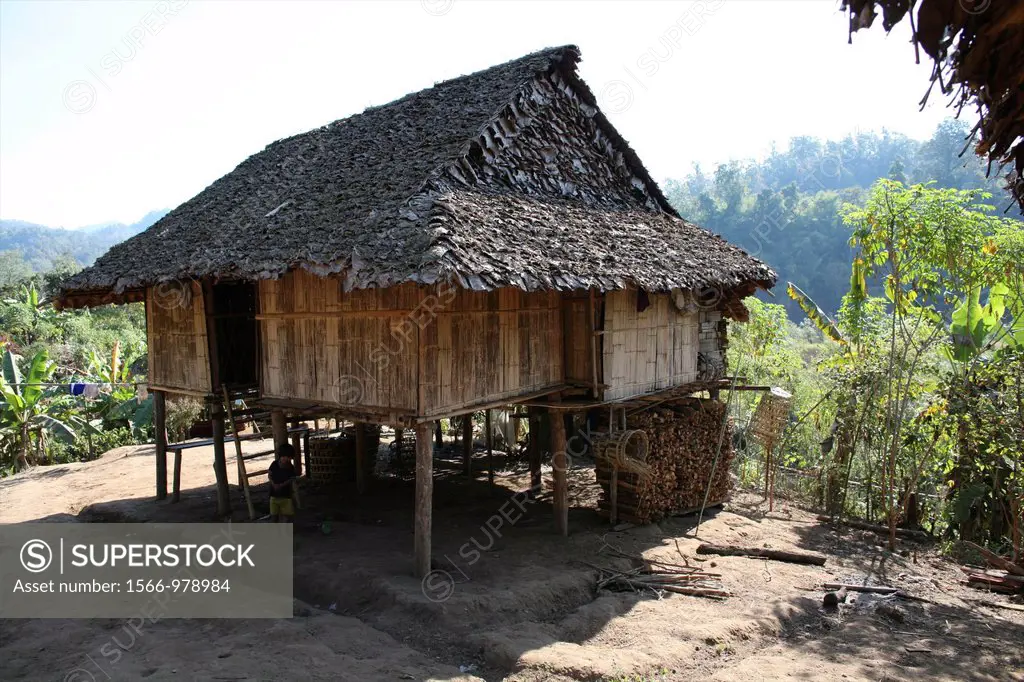 A hut in the displaced persons camp near the border with Thailand In Myanmar Burma, thousands of people have settled near the border as a result of op...