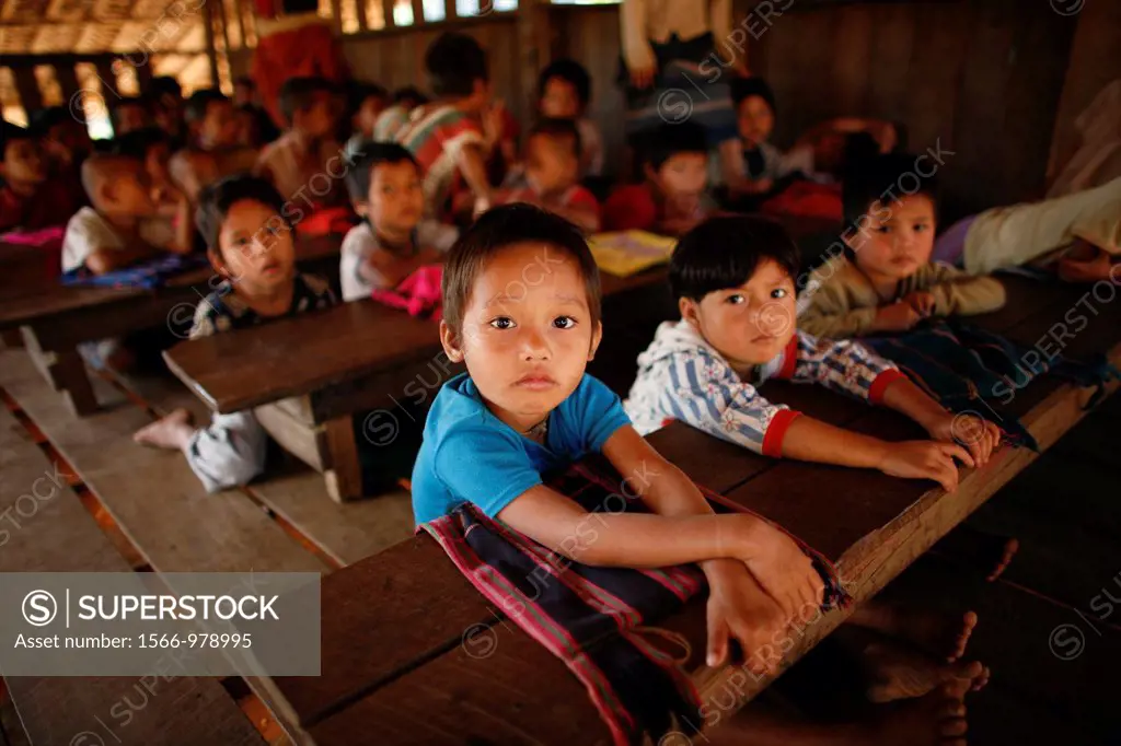 Closeup of children in a crowded schoolroom in La Per Her In Myanmar Burma, thousands of people have settled near the border as a result of oppression...