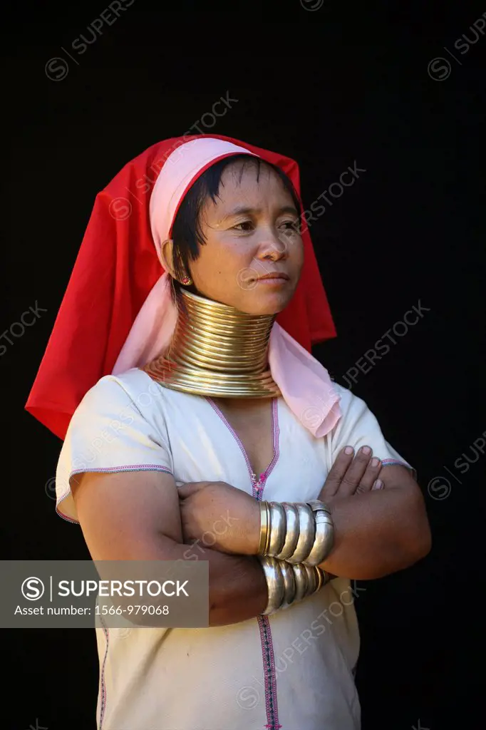 Portrait of a middle aged Longneck woman Approximately 300 Burmese refugees in Thailand are members of the indigenous group known as the Longnecks The...