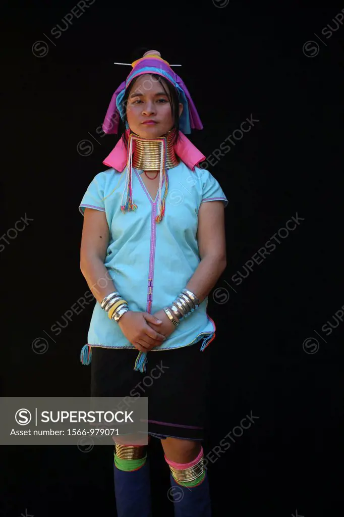 Portrait of Longneck woman Approximately 300 Burmese refugees in Thailand are members of the indigenous group known as the Longnecks The largest of th...