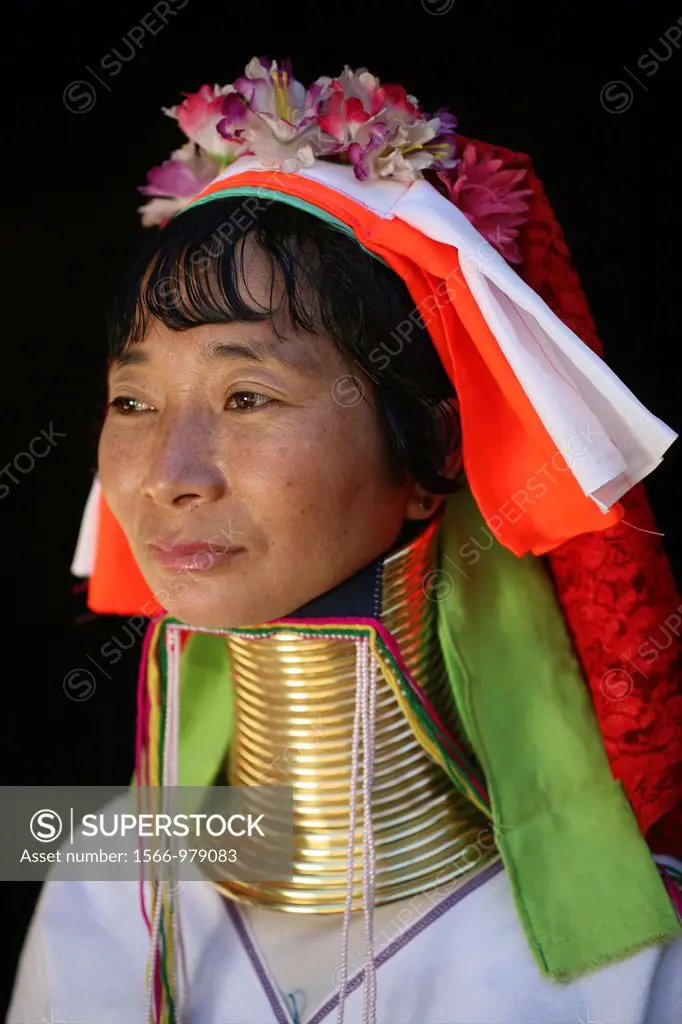 Portrait of a Longneck woman Approximately 300 Burmese refugees in Thailand are members of the indigenous group known as the Longnecks The largest of ...