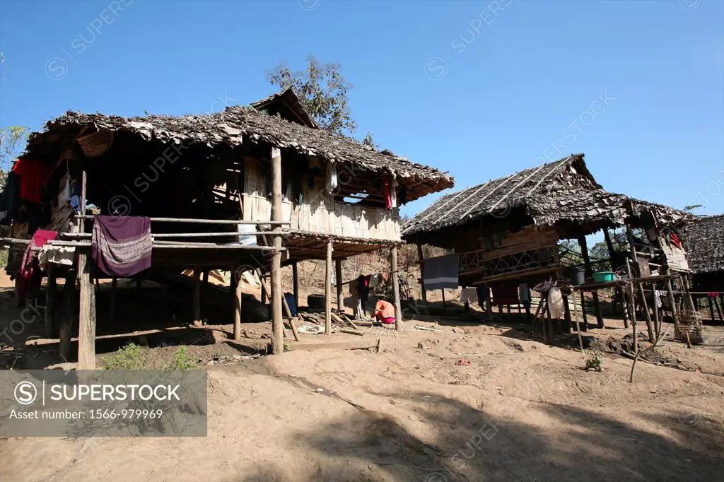 View of Burmese huts in the camp near the border with Thailand In Myanmar Burma, thousands of people have settled near the border as a result of oppre...