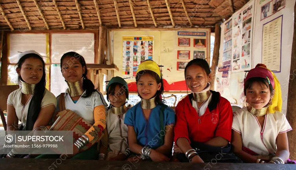 A group of Longneck girls pose in their school Approximately 300 Burmese refugees in Thailand are members of the indigenous group known as the Longnec...