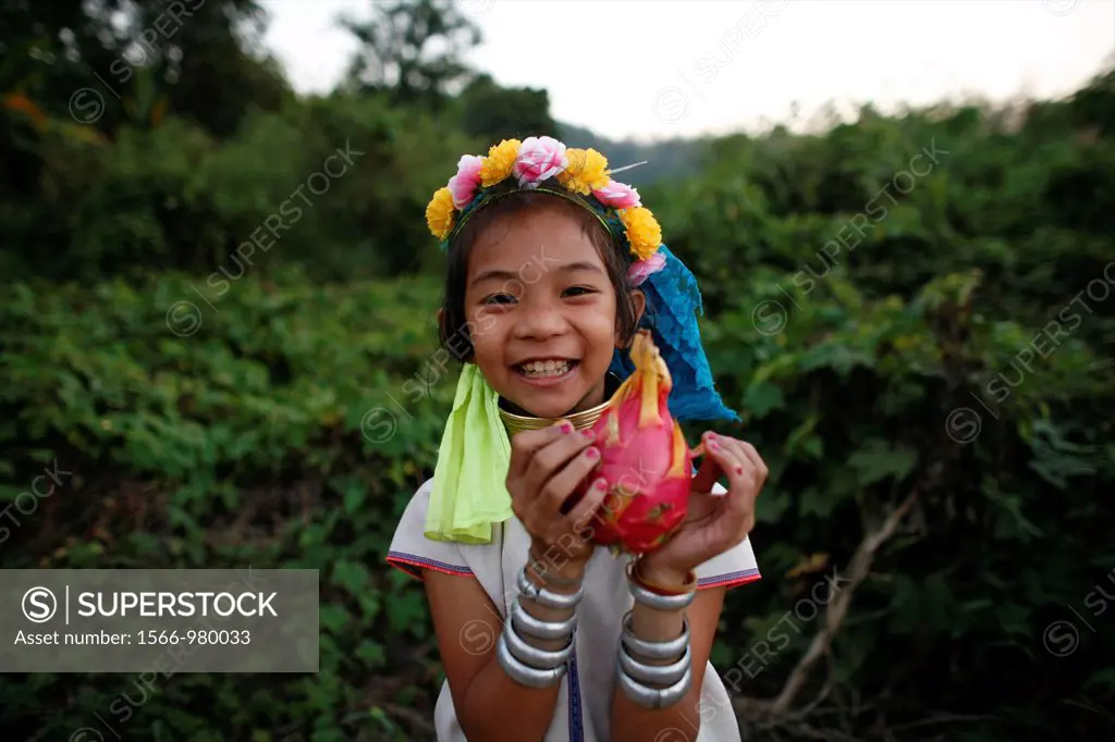 Laughing Longneck girl holding fruit Approximately 300 Burmese refugees in Thailand are members of the indigenous group known as the Longnecks The lar...