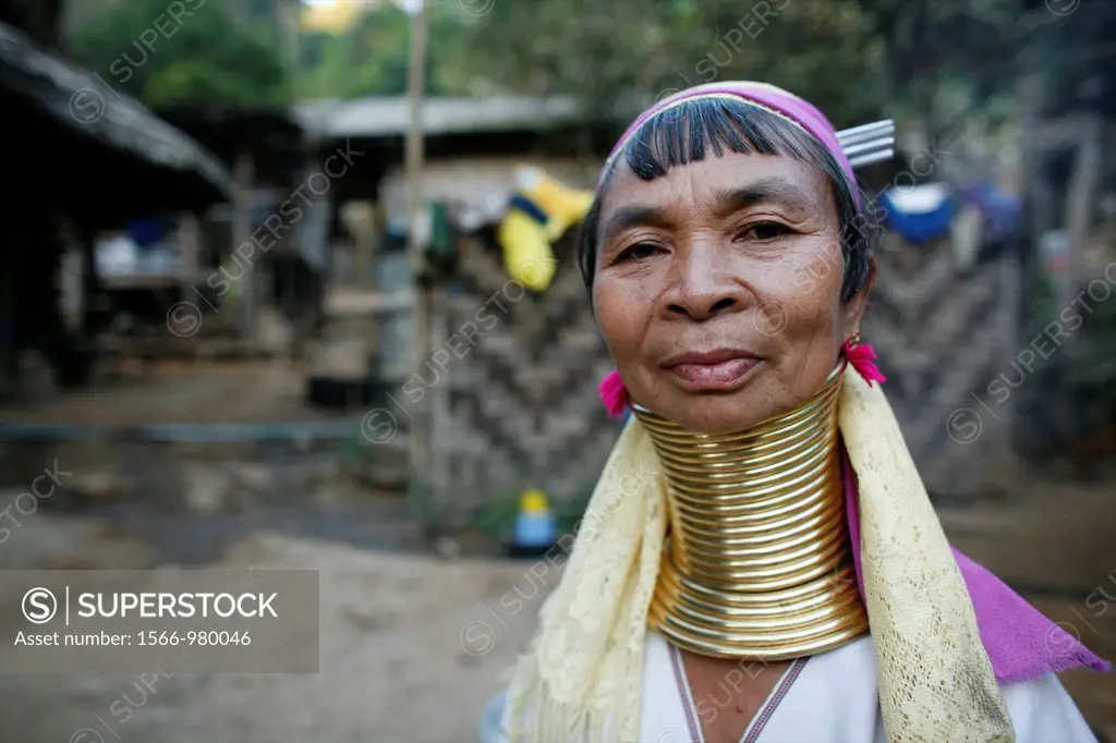 Closeup portrait of an older Longneck woman Approximately 300 Burmese refugees in Thailand are members of the indigenous group known as the Longnecks ...