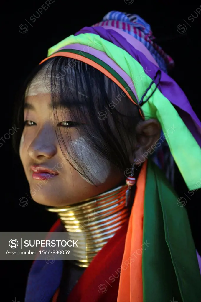 Portrait of a Longneck girl Approximately 300 Burmese refugees in Thailand are members of the indigenous group known as the Longnecks The largest of t...