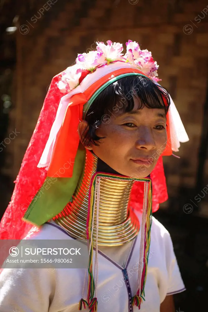 Portrait of a Longneck woman in the sun Approximately 300 Burmese refugees in Thailand are members of the indigenous group known as the Longnecks The ...