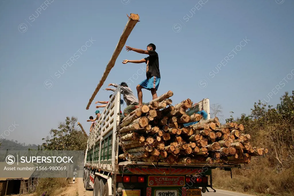 Builders unload logs to build more refugee homes Around 130,000 Burmese refugees have settled in Thailand due to opression in their homeland of Myanma...