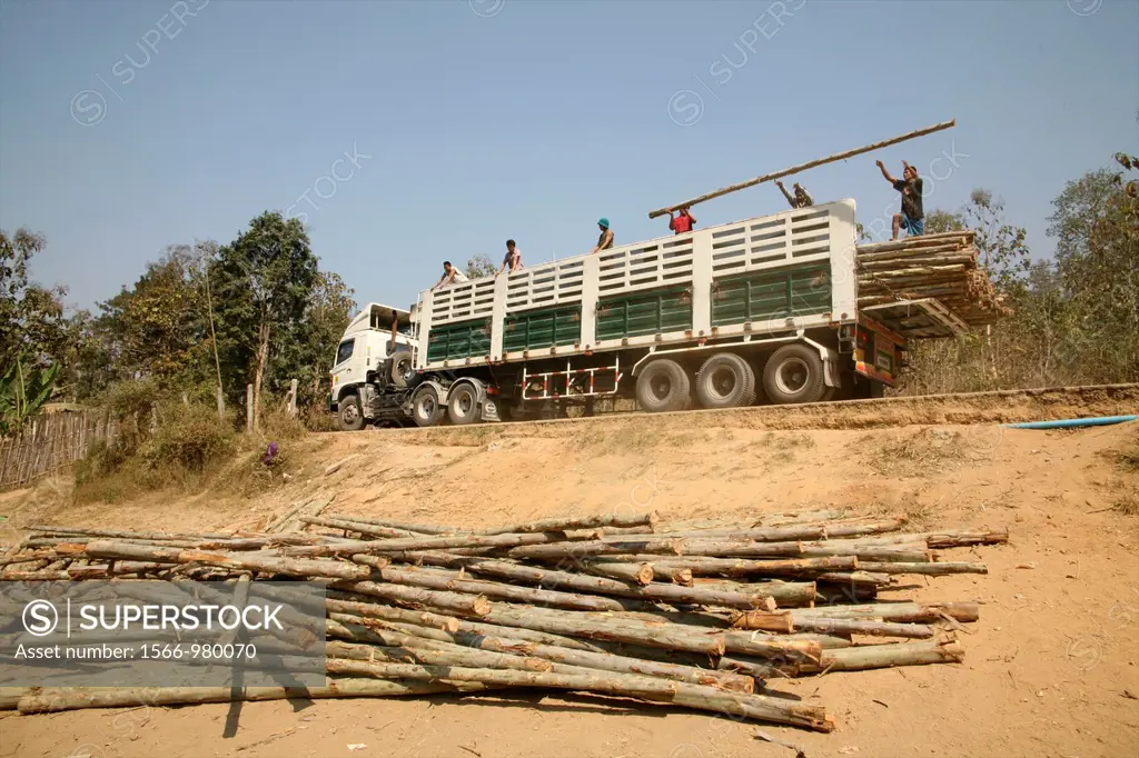 Workers unload logs from a truck to build more homes Around 130,000 Burmese refugees have settled in Thailand due to opression in their homeland of My...